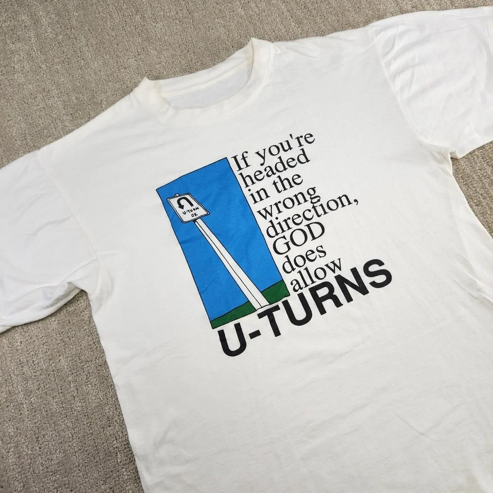 Vintage Jesus Shirt Men Large U Turn Tee 90s Single Stitch White God‎